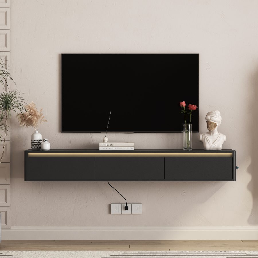 Floating TV Stand, Wall Mounted TV Shelf With Led Lights & Power Outlet,High Gloss TV Cabinet For Black Tv Stands For Living Room