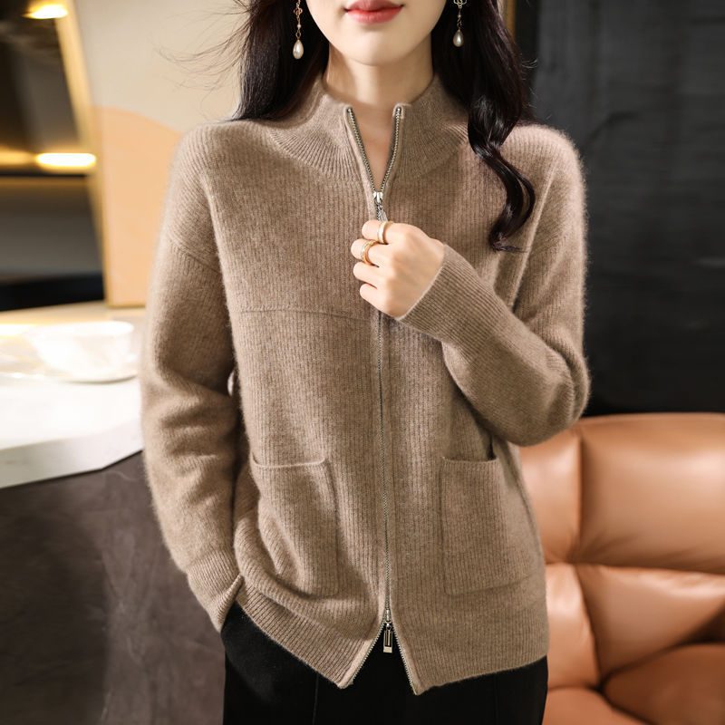 Cardigan Double Zipper Half Turtleneck Knitted Sweater