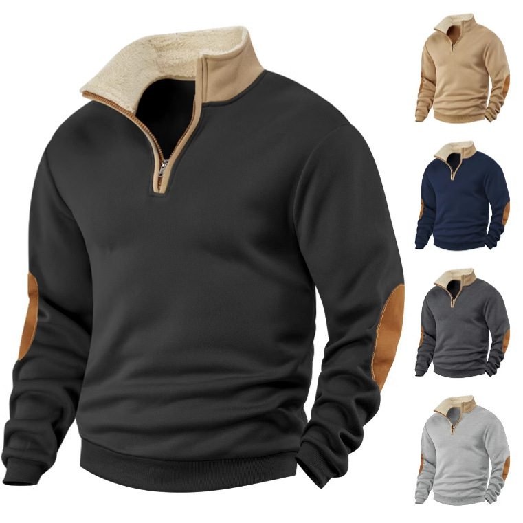 Cross-Border European And American Temu Amazon New European Size Sweatshirt Retro Patchwork Embroidered Half-Zip Men's Long-Sleeve Sweatshirt