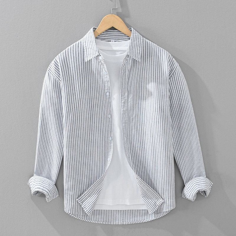 Vertical Striped Long-sleeved Shirt Men's Loose Cotton Top