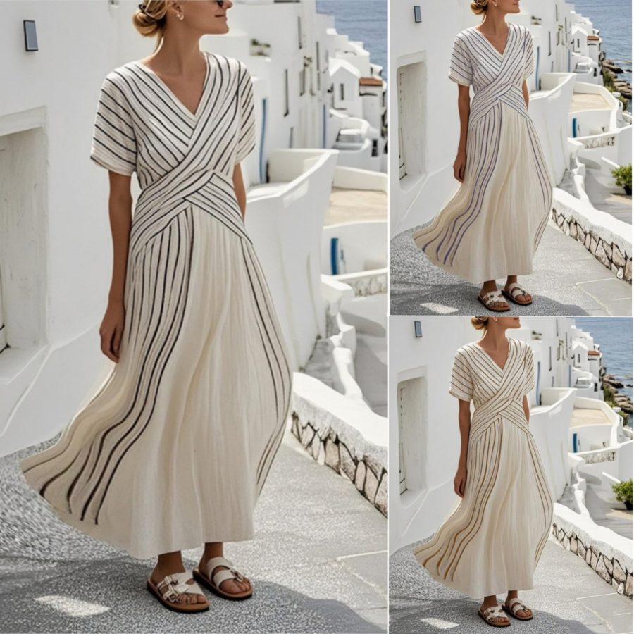 Women's Loose Fit Striped Printing Dress - Casual Cotton Blend Summer Midi Dress For Daily Wear Holiday Outfit