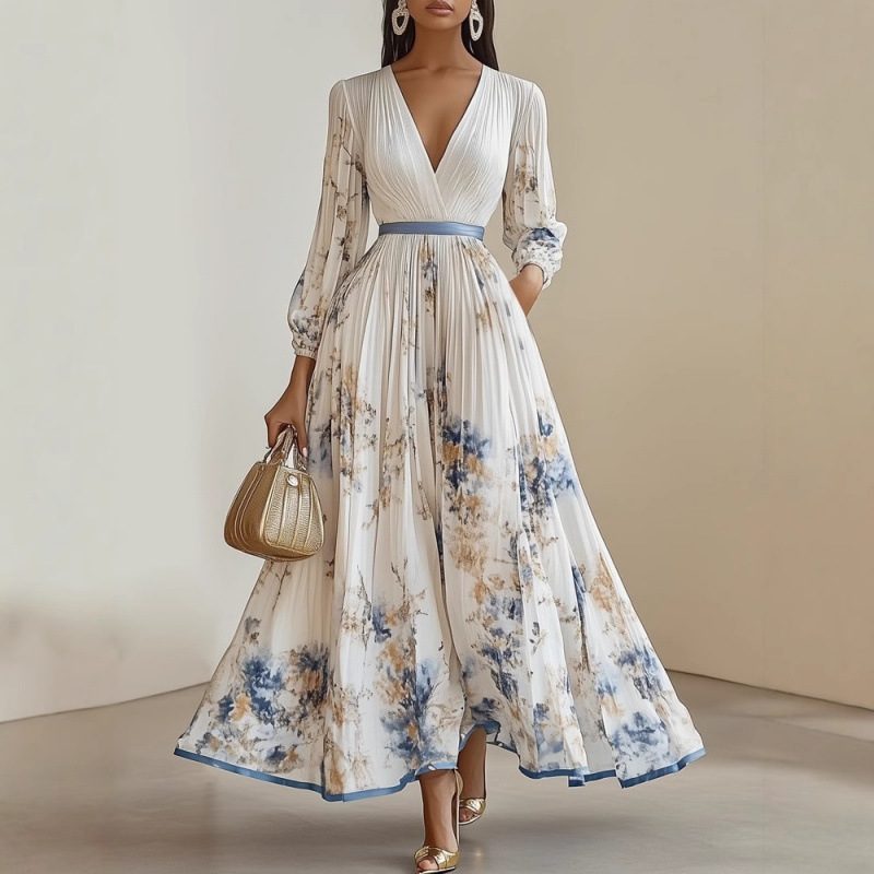 2026 Cross-Border Amazon Independent Site European And American Foreign Trade Multi-Color Multi-Size Popular Printed Pleated Vacation Dress