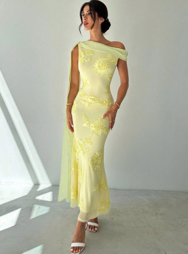 European And American Foreign Trade Women's Clothing, Elegant And Sophisticated Evening Dress With Ribbons, Summer Asymmetrical Off-shoulder Waist-cinching Long Dress