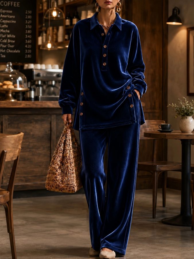 2026 European And American Women's Spring Fall Fashionable  Casual, Loose Fitting Velvet Long-Sleeve Top And Pants Set