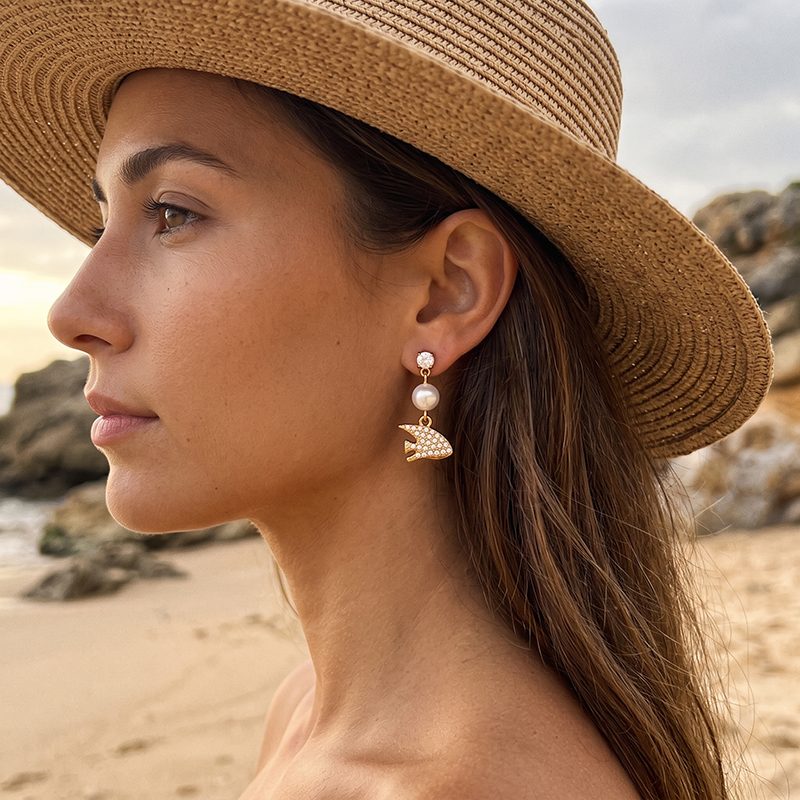 Bohemian Ocean Style High-quality Stainless Steel Fish-shaped Pearl Earrings