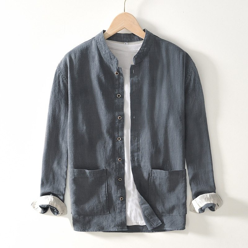 Chinese-style Stand Collar Ramie Long-sleeved Shirt Breathable Linen Casual Chinese-style Shirt For Men