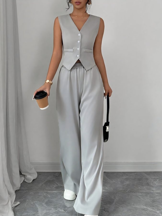 Elegant Button Sleeveless Vest Trousers Set For Women, Spring Summer 2025