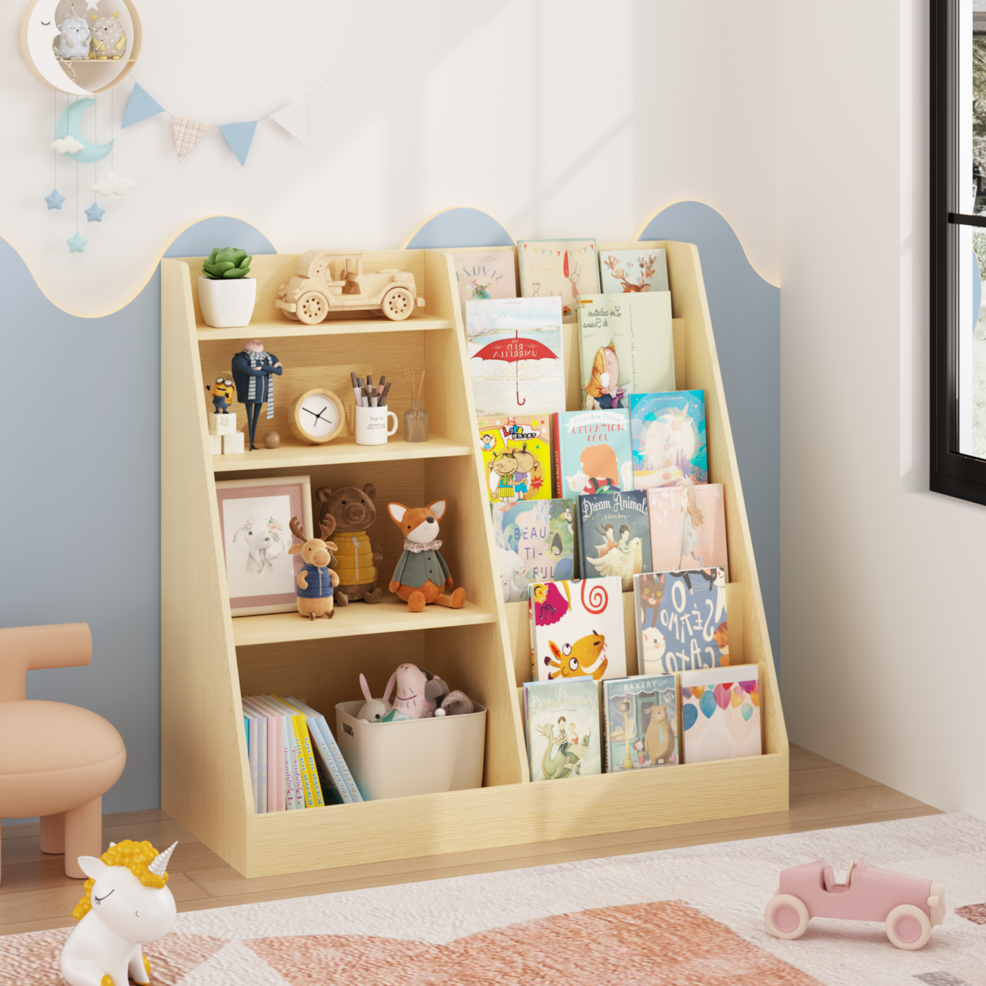 Kids Bookshelf And Toy Storage Organizer, Multifunctional 4 Tier Wooden Kids Book Shelf With  Bookcase Display Stand In Kids Room Playroom Nursery For Kids, Children, Toddlers Natural