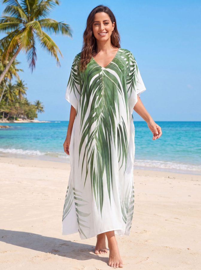 Viscose One Size Swimsuit For Women Green Leaf Printing Beach Cover Ups
