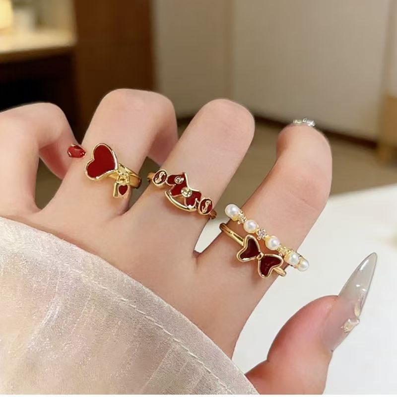 2026 Horse Year Fortune Ring For Women, Light Luxury Vintage Bow Open Ring, Birth Year Red Limited Edition Index Finger Ring, Single Piece  3-Piece Set