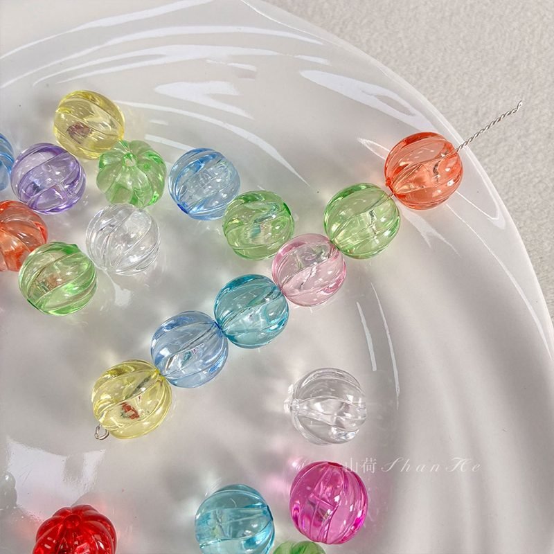 Transparent Acrylic Pumpkin Beads, Clear Ribbed Round Charms With Vertical Hole For DIY Jewelry Making, Bracelets, Necklaces & Keychains, Mixed Candy Colors
