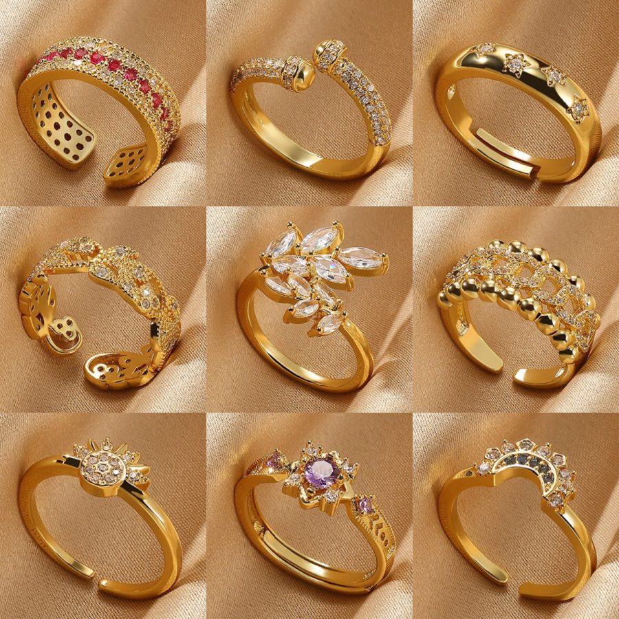 Copper Plated 18K Gold Color Zircon Ring, Luxury Minimalist INS Style Leaf Band Jewelry For Women