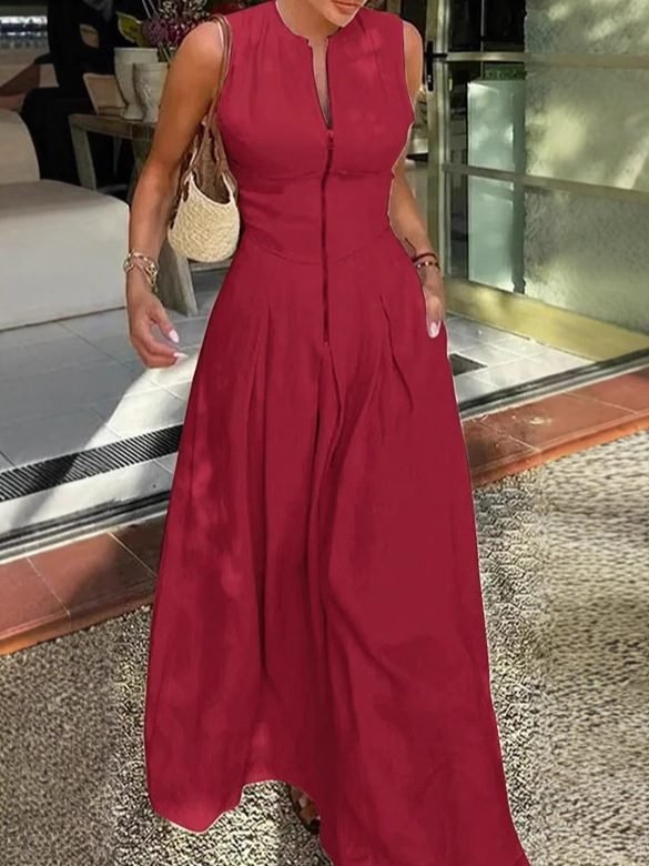 European And American Cross-Border High-Waisted Women's Solid Color Sleeveless Zippered High-Waisted Dress, Fashionable Slim-Fit Commuter Long Dress
