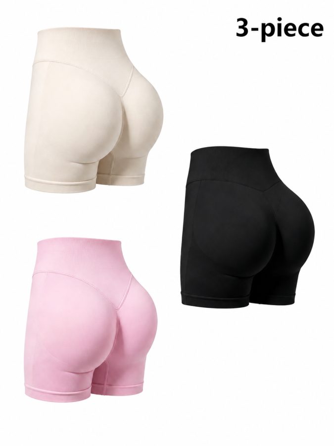 3-Pack Seamless Butt-Lifting Biker Shorts, High-Waist Tummy-Control Stretch Yoga Shorts For Women