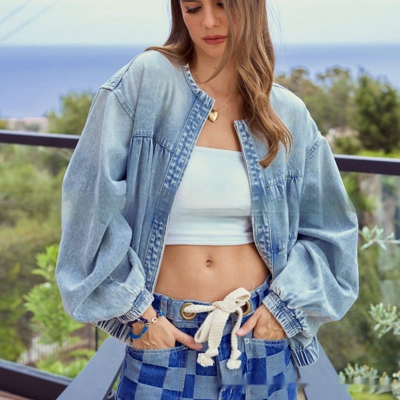 Washed Loose Round Neck Zipper Light Blue European And American Denim Jacket