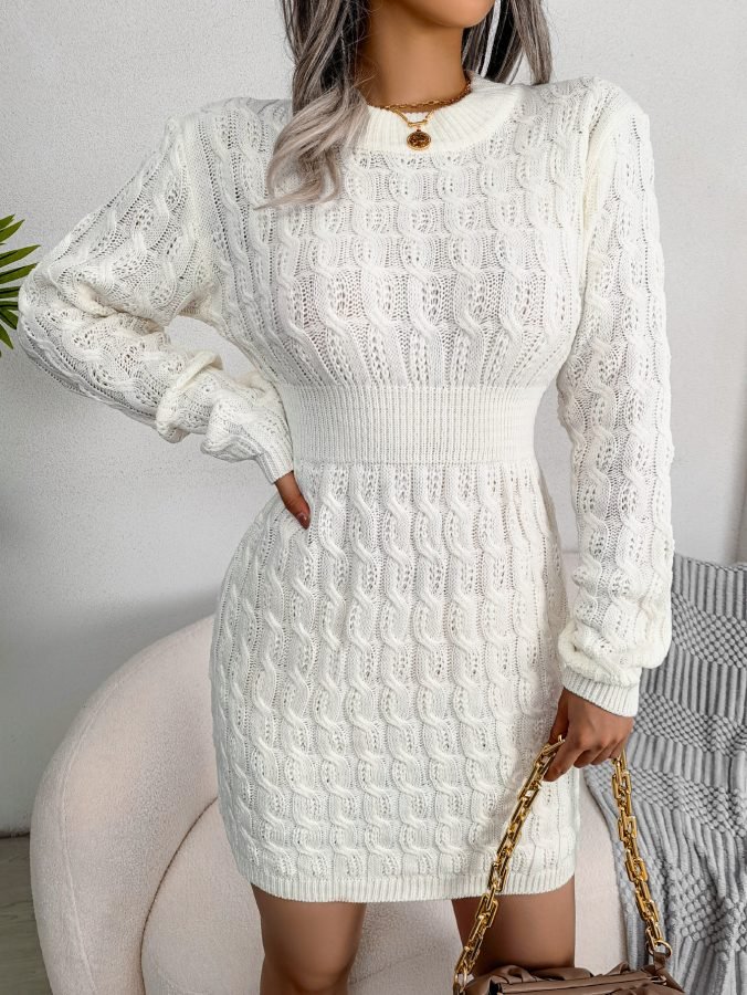 Casual Cable Knit Waist Cinched Bodycon Sweater Dress