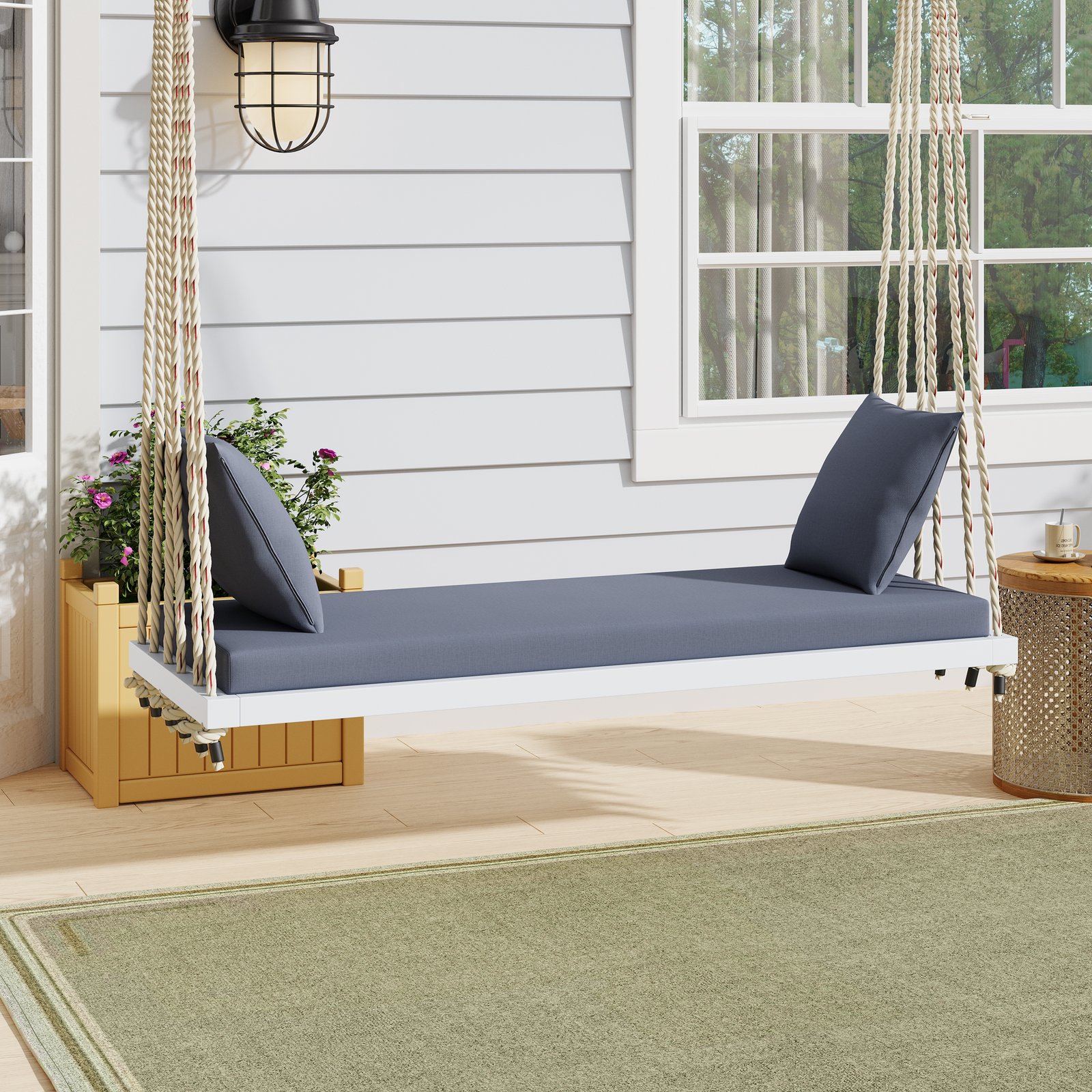 TOPMAx Patio Wooden Swing Chair  Hanging Porch Swing Bench With Cushion&Pillows  10.8Ft Hemp Ropes For Garden  Lawn White