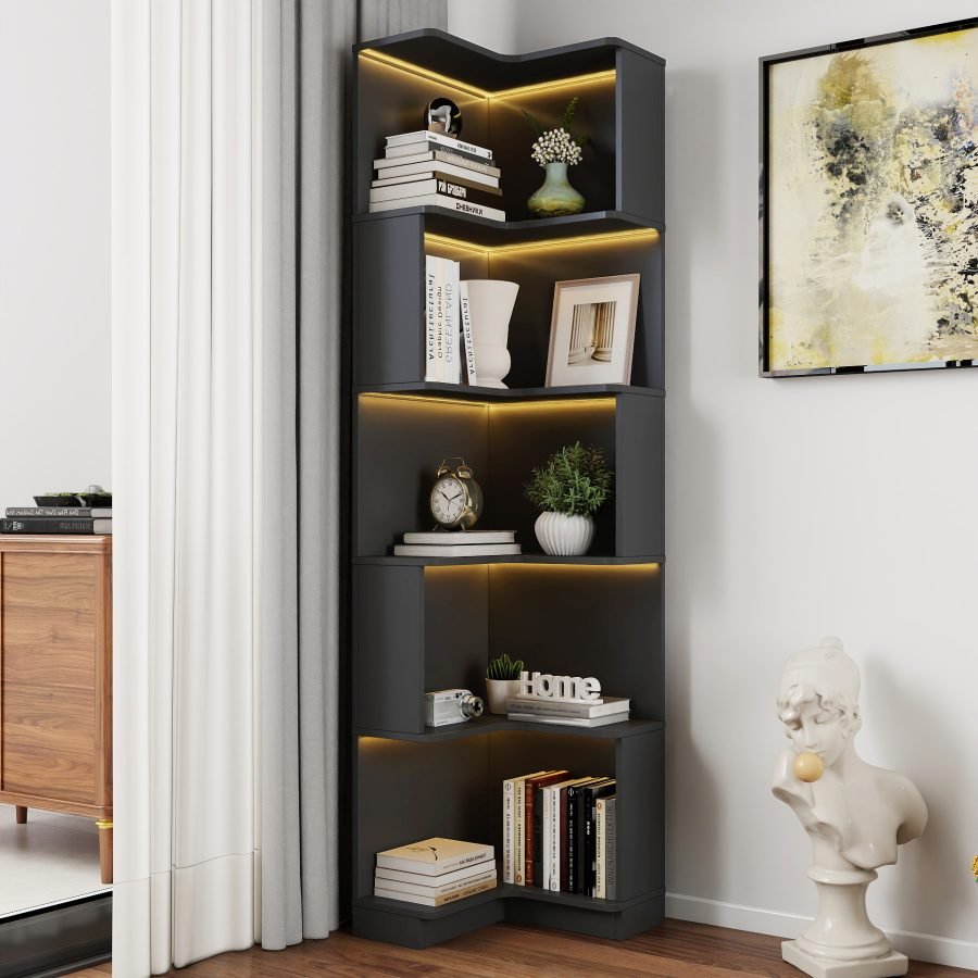 Corner Book Shelf - 5 Tier Corner Bookshelf  Bookcase With Baffle, Freestanding L Shaped Display Shelf Stand With Led Lights For Home Office, Living Room, Bedroom, Kitchen