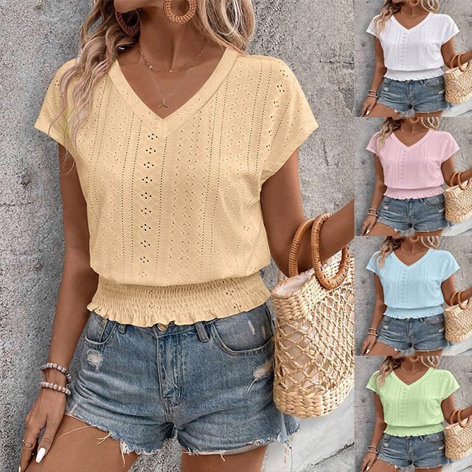 Spring And Summer  Temu Cross-border New European And American V-neck Jacquard Hollow Short-sleeved T-shirt Fashion Casual Top For Women