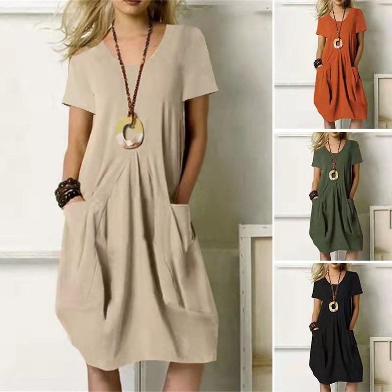 Cross-Border Summer New Model Amazon Wish Hot-Selling Cotton And Linen Solid Color Loose Round Neck Short-Sleeved Dress