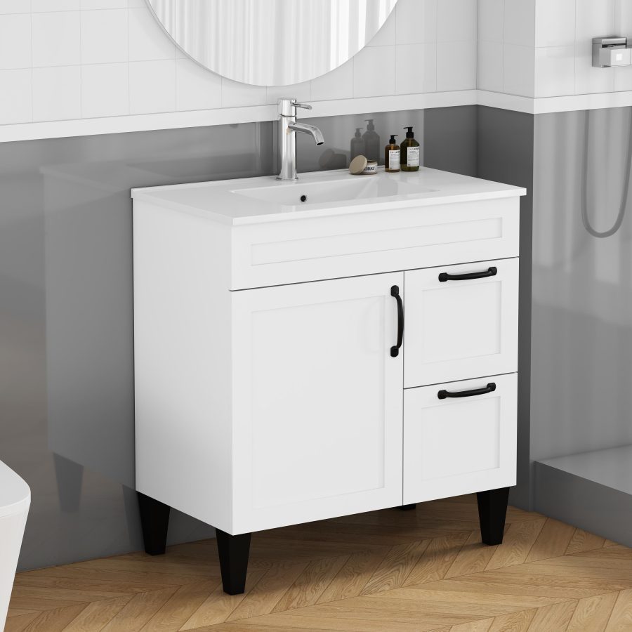 31.5-inch Bathroom Vanity With Sink Combo,Cabinet With 1 Doors And 2 Drawer,Black Metal Handle,Black Feet,Soft Close Hinge,Mordern Bathroom Cabinet,Ceramic Basin,Easy Assemble,White