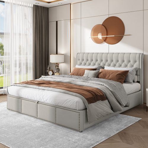 Upholstered Bed,Double Bed-4ft6 135x190cm ,with Hydraulic Lever, Functional Storage Bed, Rivet Decoration, Without Mattress, Linen, Light Grey