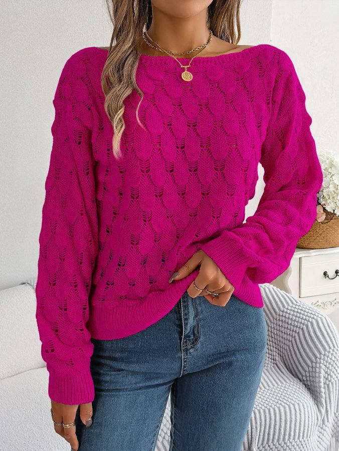 Women Casual Feather Hollow Out Off-Shoulder Lantern Sleeve Sweater