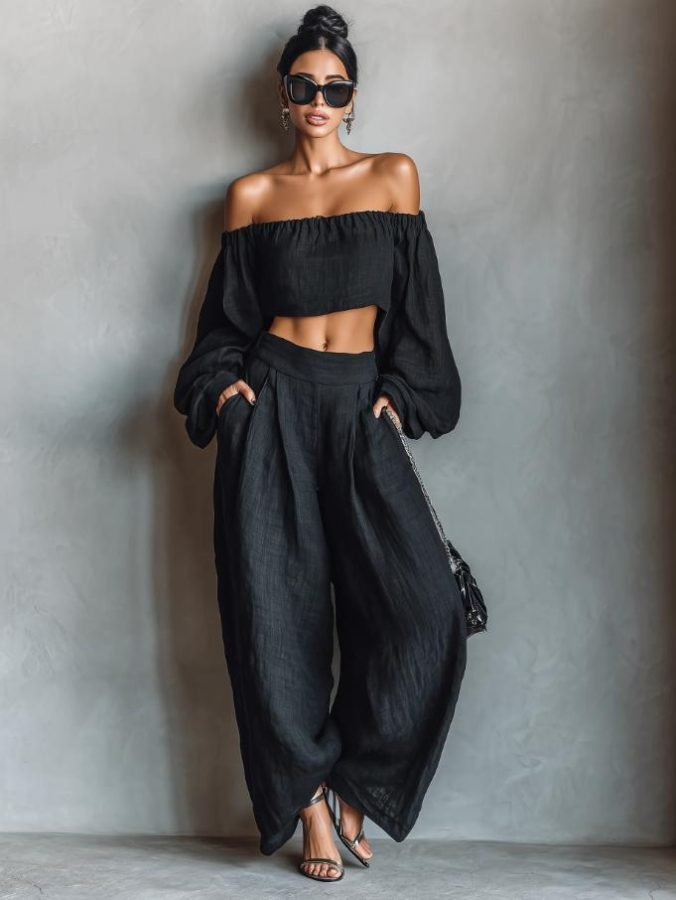 Amazon 2026 European And American Cross-Border New Elegant Casual Fashion Solid Color Off-Shoulder T-Shirt And Pants Set Two-Piece Set