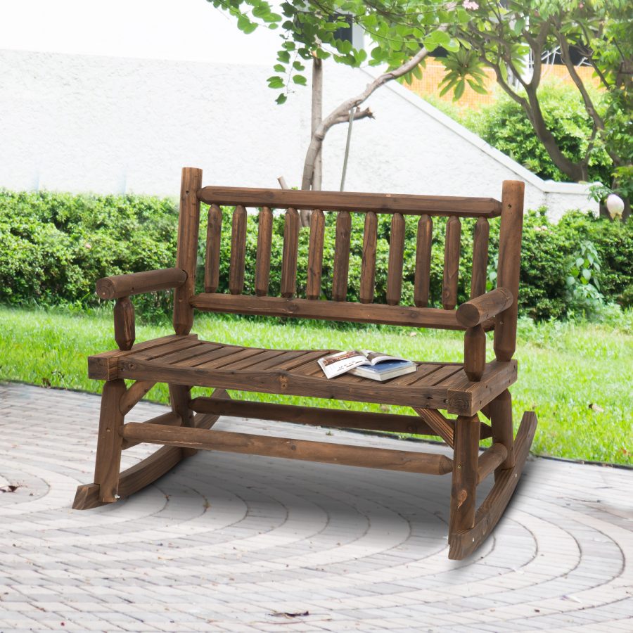 Sturdy Rocking Loveseat Wooden Log Design Wide Curved Walnut Seats ForRelaxation