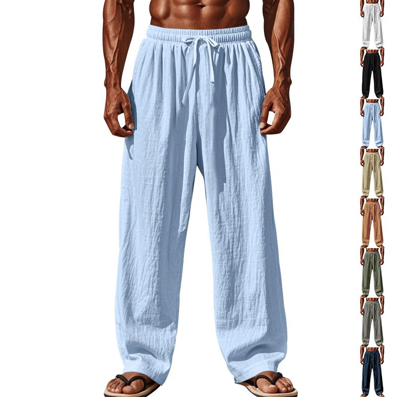 Men's Linen Cotton Loose Fit Casual Pants, Plus Size Solid Color Drawstring Waist Long Trousers