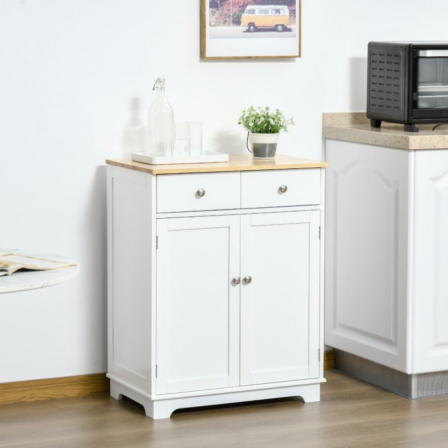 Kitchen Storage Cabinet, Sideboard Floor Cupboard With Solid Wood Top, Adjustable Shelf & 2 Drawers For Living Room, Hallway, White