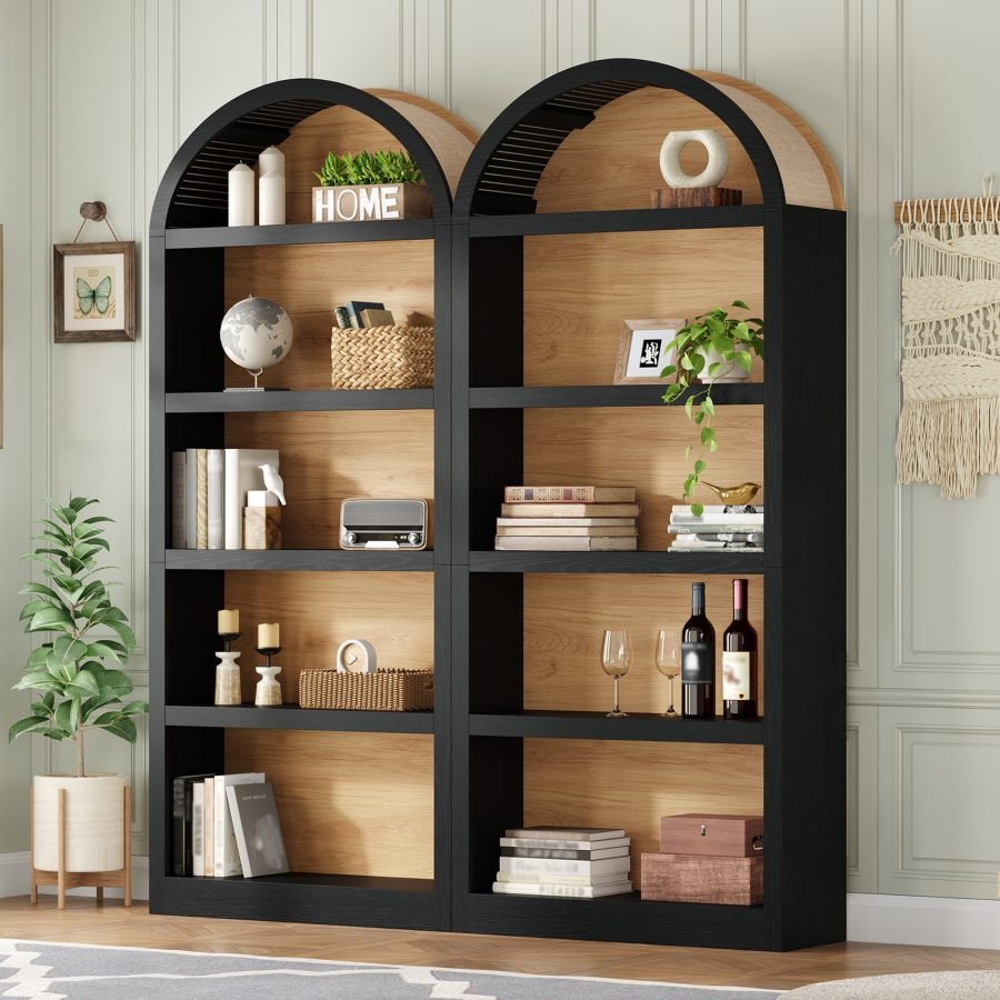 ON-TREND Freestanding Tall Bookshelves Set Of 2, Farmhouse Two-Tone Open Storage Cabinet With Fabric Arched Top, 5-Tier Display Bookcase For Living Room, Bedroom, Home Office, Black Natural
