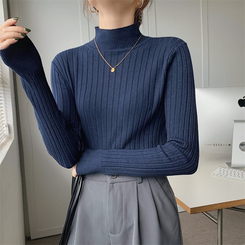 Half-high Collar Long Sleeves Knitted Bottoming Shirt Top For Women