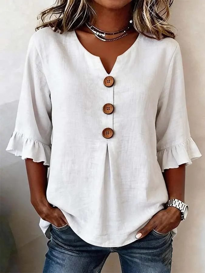 2026 Summer Women's V Neck Cotton Linen Button Up Shirt Solid Color Button Design  Short Sleeve