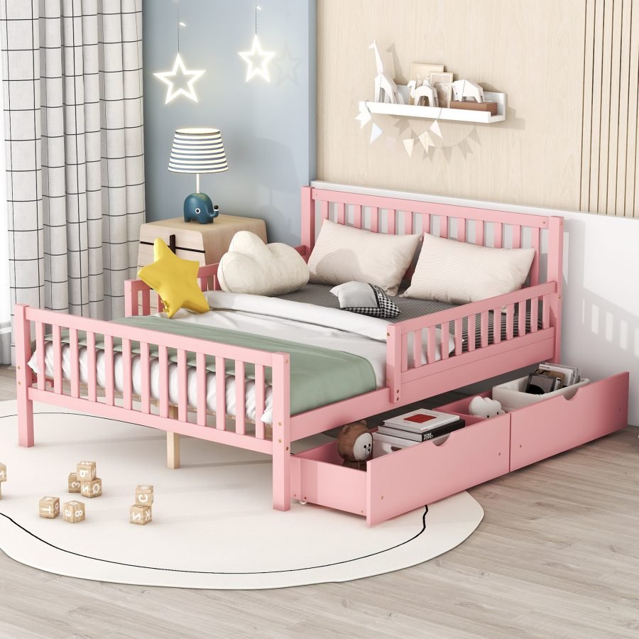 Full Size Wood Platform Bed With Guardrails On Both Sides And Two Storage Drawers ,Pink