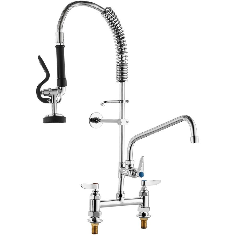 Commercial Faucet With Pre-Rinse Sprayer, 26' Height, 8' Center, 12' Swing Spout, Deck Mount Kitchen Sink Faucet, Brass Constructed Device With Pull Down Spray, For 1 2 3 Compartment Sink